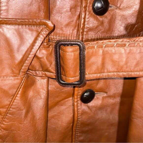 VINTAGE DE LONG 70s Brown Cowhide Glove Leather belted mob wife trench coat XL - Picture 3 of 8